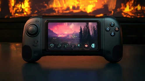 Handheld Gaming Device Displaying Sunset Mountain Landscape