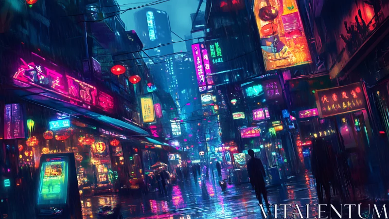 Neon city street glows softly under a rain soaked night