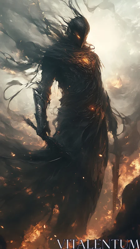 Shadowforged guardian rises from swirling embers and smoke