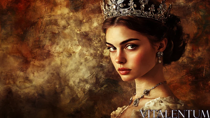Baroque-lit digital portrait of jeweled crowned noblewoman.