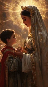 Regal mother and child stand bathed in golden sacred light