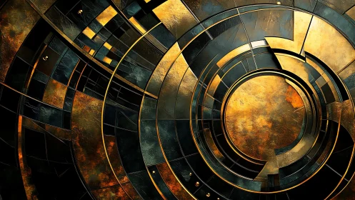 Concentric metallic circles form a geometric abstract structure