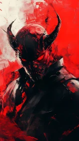 Fiery horned demon stands in swirling shadows and red light