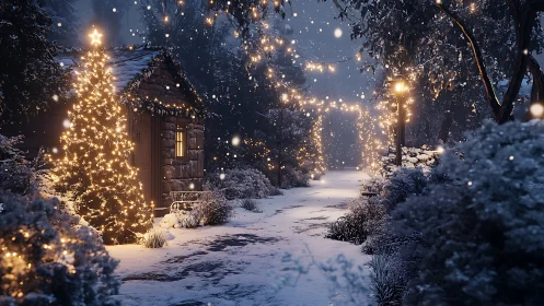 Snowy cottage path with illuminated Christmas tree at night.