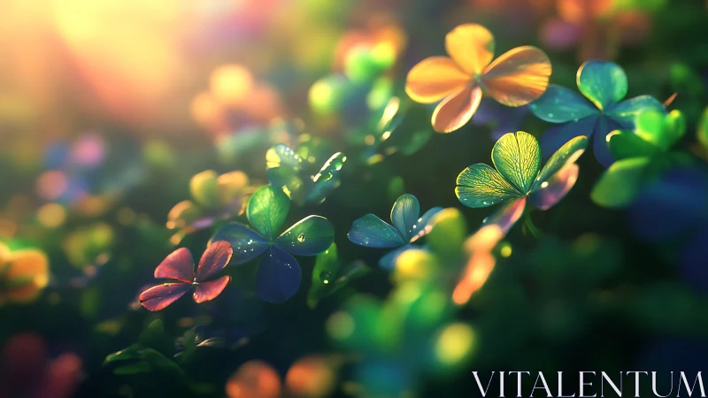 Iridescent clover leaves glow under soft golden backlight