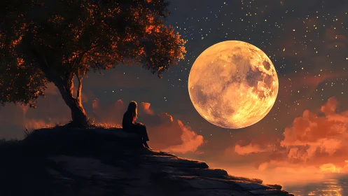 Moonlit hillside dreams beneath a glowing golden sky.