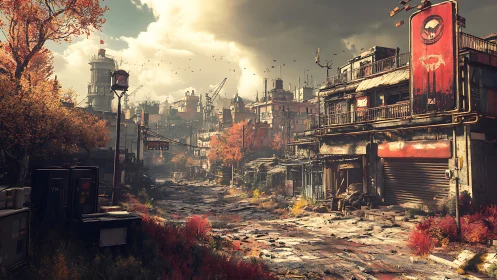 Post-apocalyptic industrial street rendered in cinematic detail