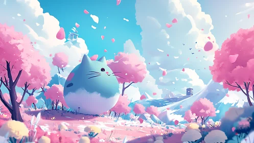 Giant pastel cat balloon rests in drifting cherry blossom meadow