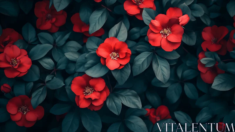Red roses bloom densely against layered teal foliage background