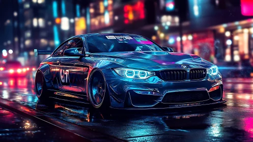 Neon-soaked street racer prowling a rain-slick cyber city.