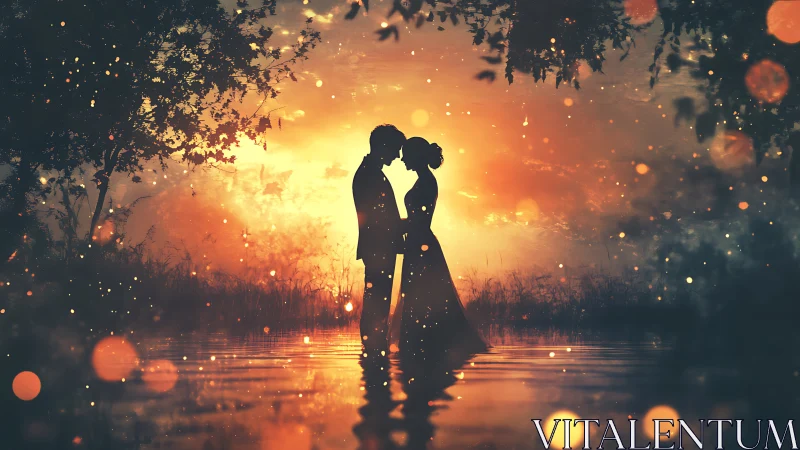 Silhouetted Couple Embracing at Sunset Over Reflective Water.