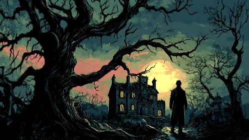 Lone figure approaches eerie manor beneath swollen moon.
