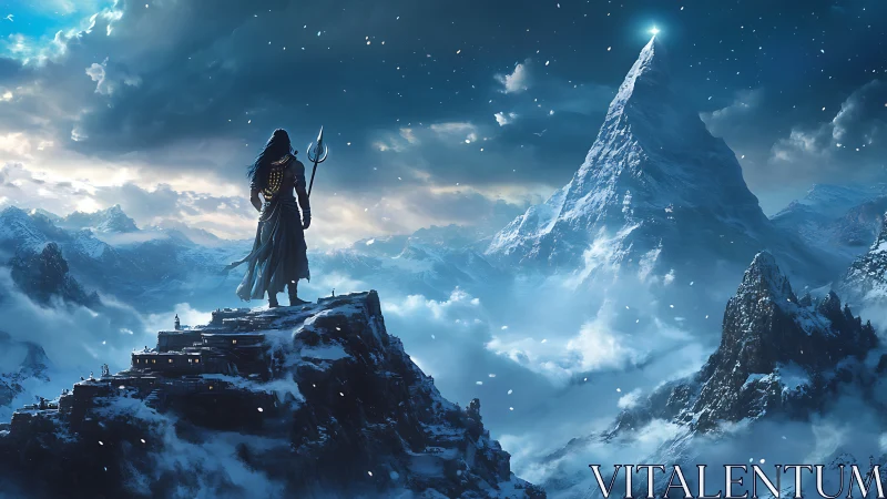 Stormborne ascetic gazes toward a star-crowned summit.