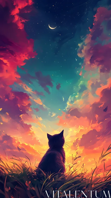 Silhouette cat beneath crescent moon and multicolor sky.