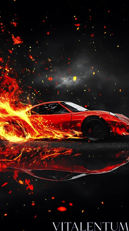 Fire-kissed red supercar streaks through midnight embers.