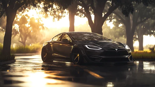 Sleek black electric sedan reflects sunrise on wet road.