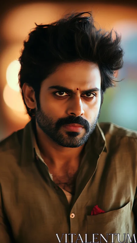 Brooding gaze ignites in cinematic bokeh and warm ember light.