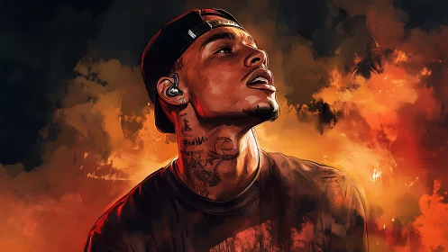 Digital portrait of tattooed man amid blazing orange clouds.