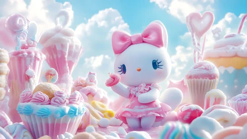 Whimsical Cat Character Among Pastel Desserts and Clouds.