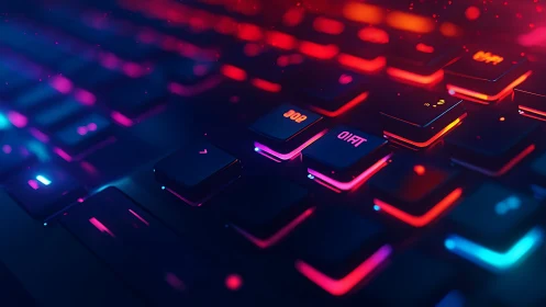 Neon backlit keyboard keys in cinematic cyber glow.