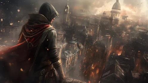 Hooded rogue surveys smog-lit industrial city under ember haze