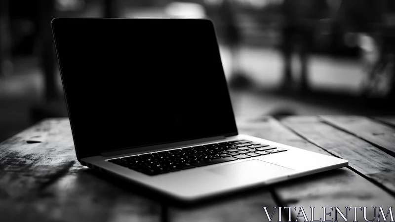 Open laptop rests on rustic wooden table in soft focus.