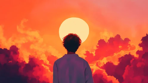 Sun-drenched dreamer beneath a roaring ember horizon.