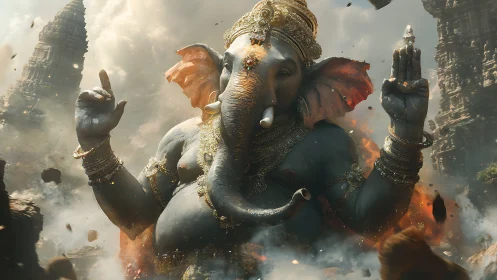 Majestic elephant deity rises in swirling sacred fire and dust