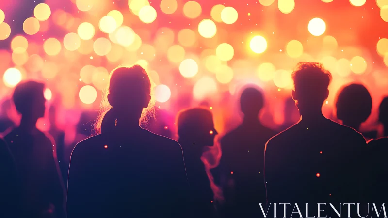 Silhouetted dreamers drift beneath neon dusk confetti.