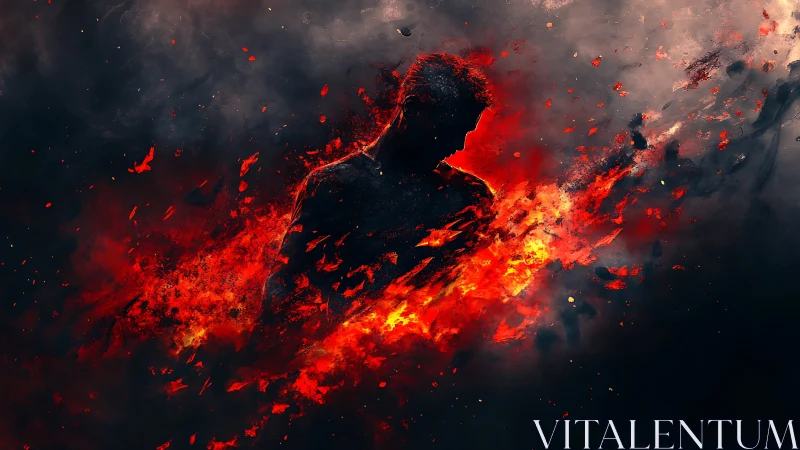 Silhouetted figure dissolving into explosive red firestorm.