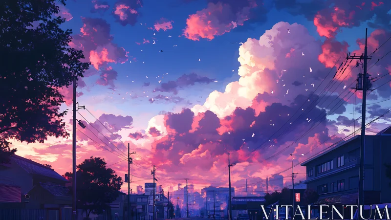 Sunset clouds above quiet suburban street panorama.