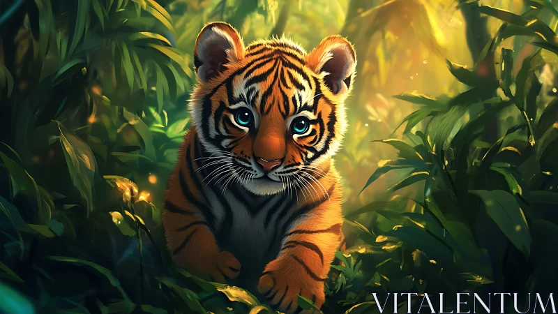 Tiger cub is digitally rendered within dense jungle foliage