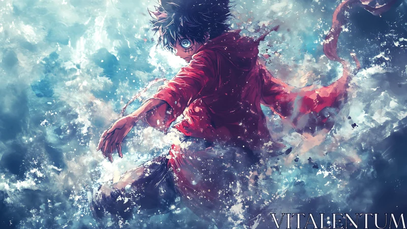 Anime water warrior in red coat amid crashing waves.