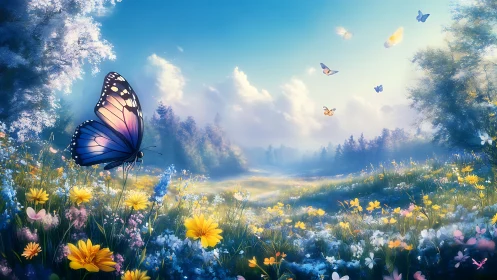 Vibrant butterfly in dreamy wildflower meadow, digital fantasy art.