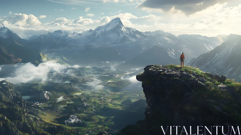 Solitary hiker watches misty valley beneath snowy peaks.