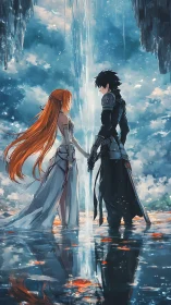 Anime couple in mirrored water scene with cascading light