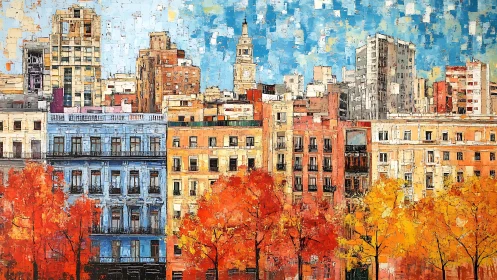 Autumn city skyline glows behind vivid red-gold trees.