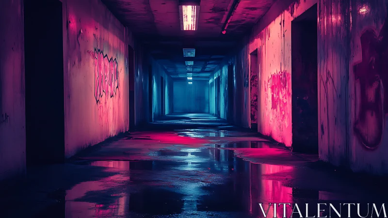 Neon lit abandoned corridor with graffiti and wet floor.