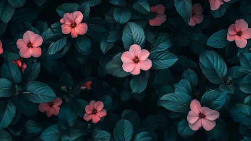 Pink five-petaled flowers with dark teal foliage in overhead composition view.