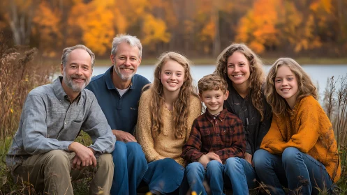 Family group sits outdoors by lake during autumn foliage