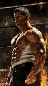 Muscular fighter stands in fiery arena under glowing embers