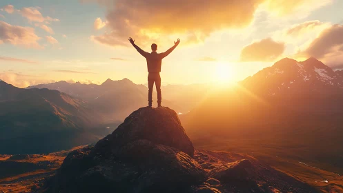 Person standing on mountain peak at bright sunset light.