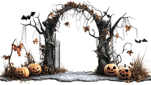 Stone archway with pumpkins, bare trees and flying bats
