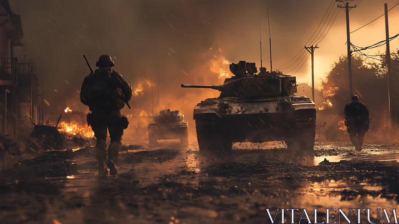 Armored column advances through burning urban warzone at dusk.