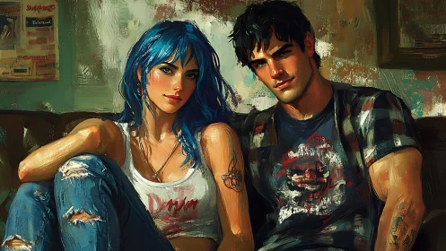 Digital portrait of blue haired woman and tattooed man on sofa.