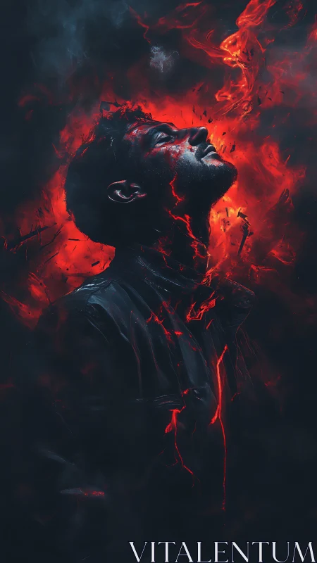 Man engulfed in red fire glow against dark smoky void.
