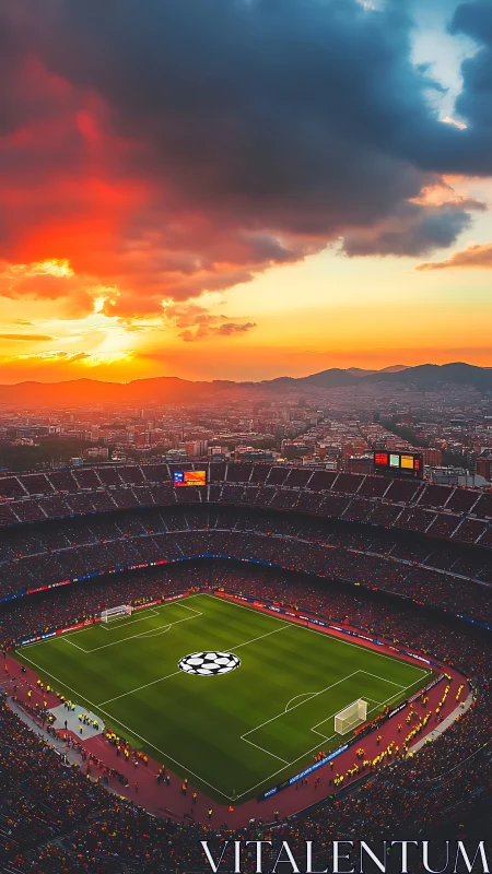 Sunset over a glowing football stadium ready for kickoff.