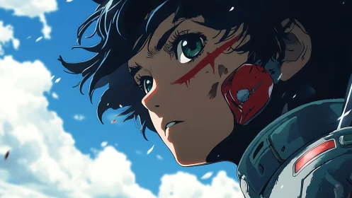 Anime pilot with facial markings gazes upward in sky scene