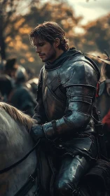Brooding medieval knight on horseback at dusk battlefield.