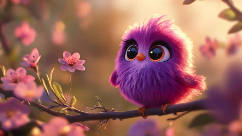 Adorable Fluffy Purple Cartoon Bird on Cherry Blossom Branch.